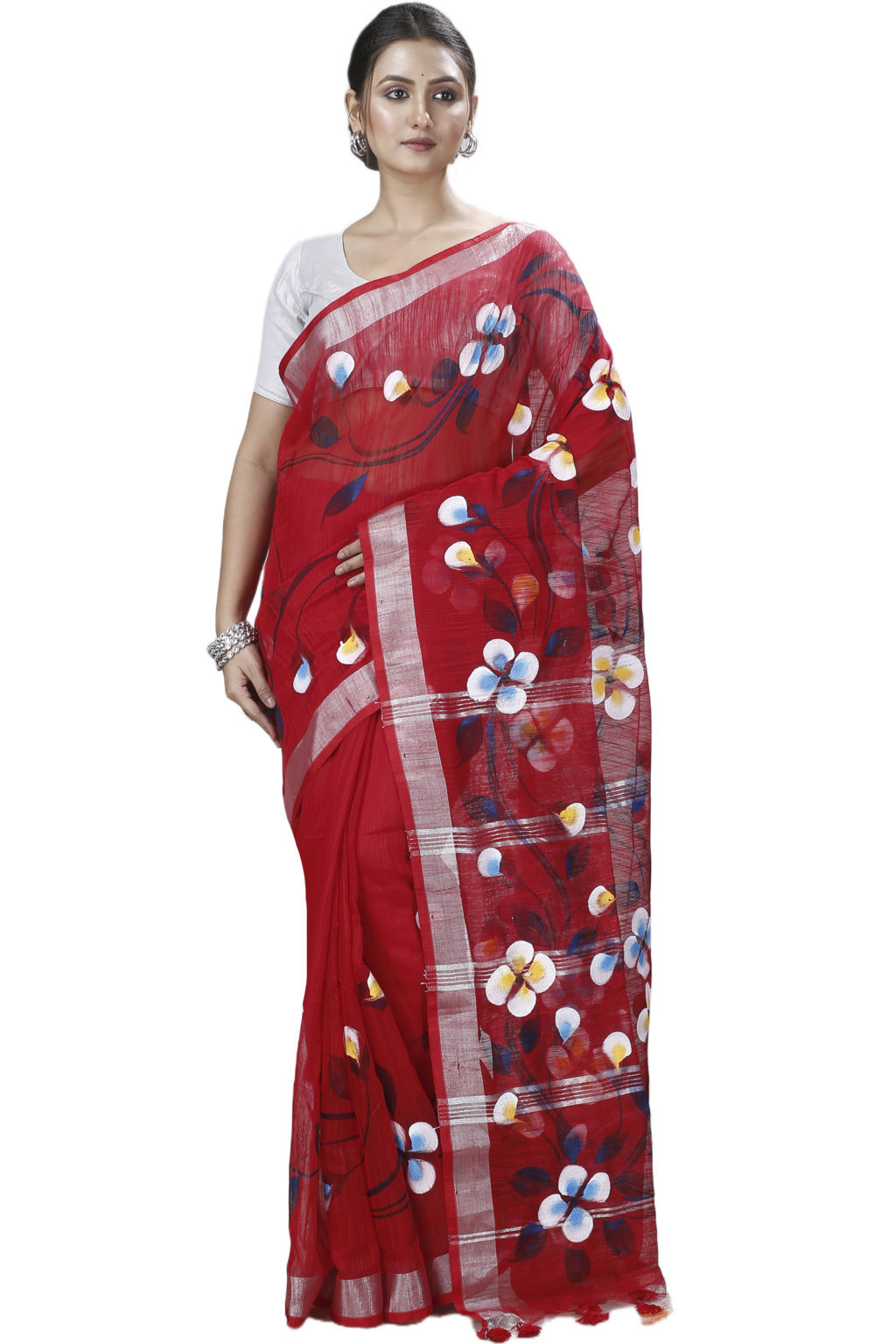 Red Blended Cotton Tonika Hand Painted Saree (1220)